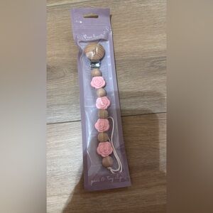 Three Hearts Pink Rose Wood Bead Pacifier Clip